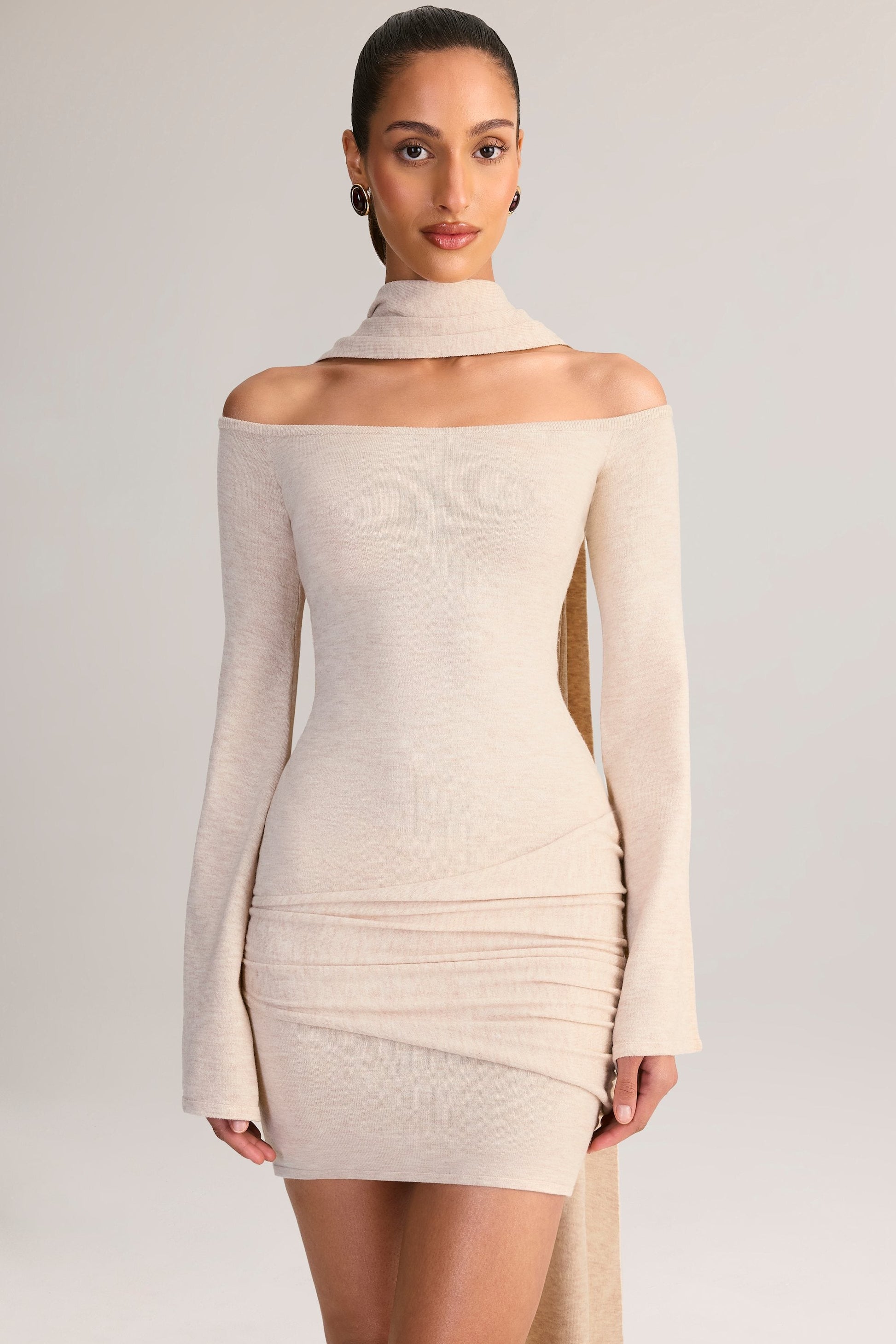 Knit Scarf-Detail Off-Shoulder Mini Dress in Cream
