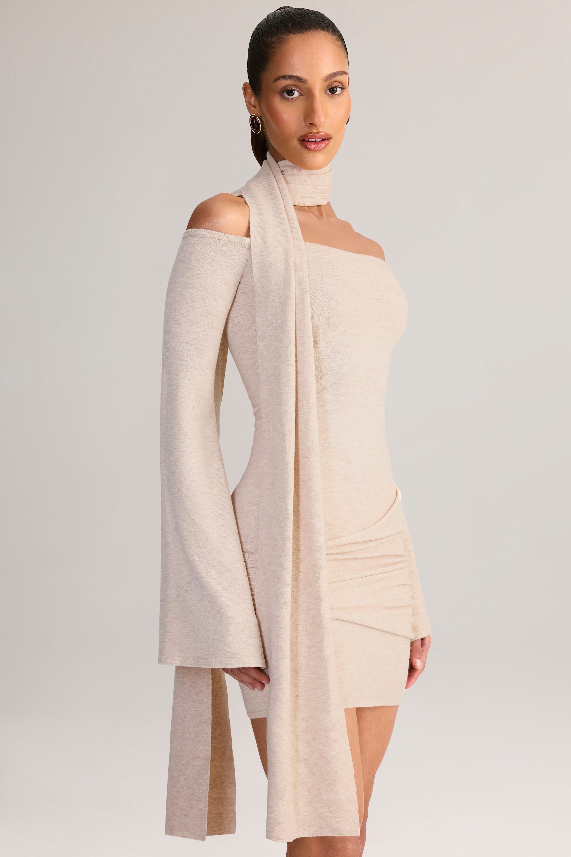 Knit Scarf-Detail Off-Shoulder Mini Dress in Cream