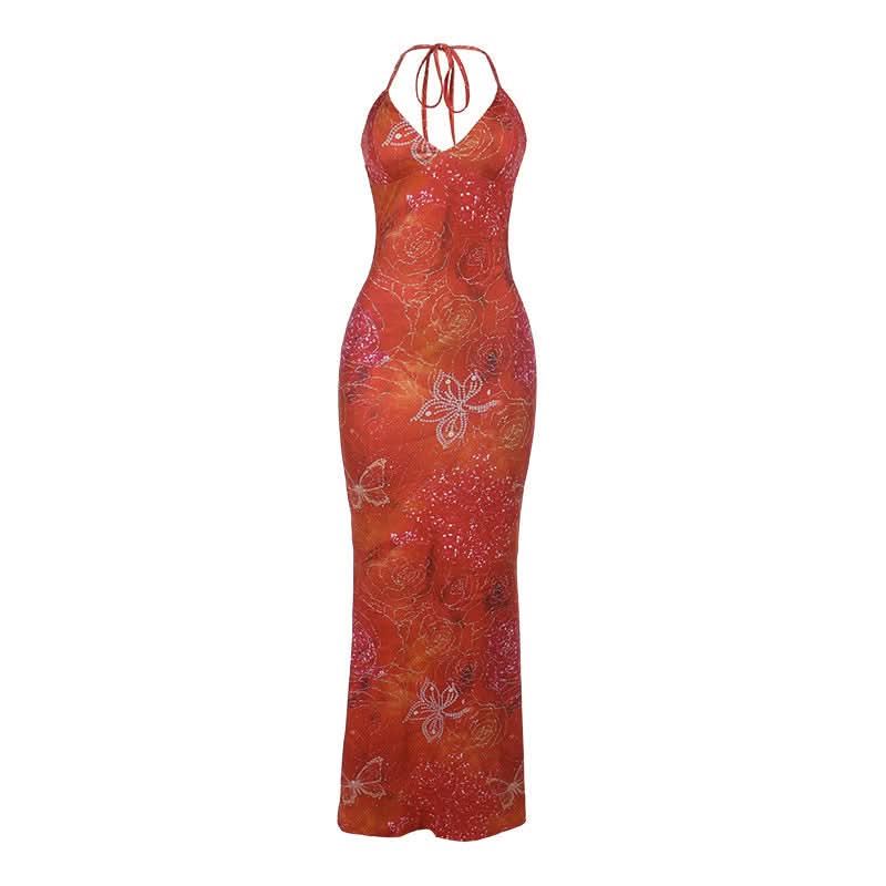 Halter v neck backless contrast maxi dress