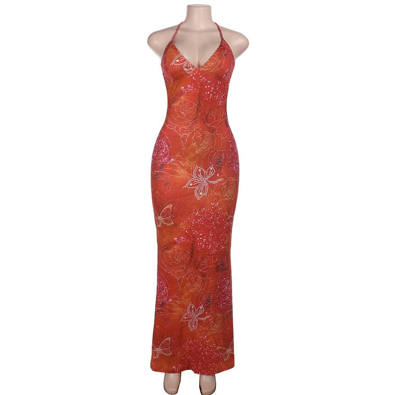 Halter v neck backless contrast maxi dress