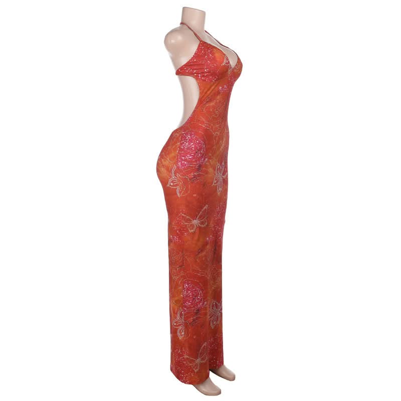 Halter v neck backless contrast maxi dress